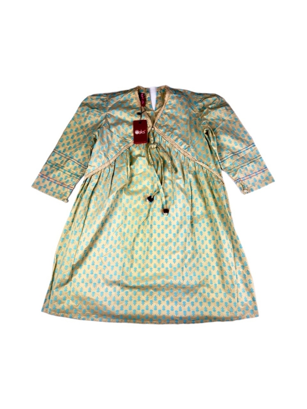 NWT Oaks Girls Kurti 7-8 Beige Blue Pakistani Ethnic Tunic Tassel Pearl
